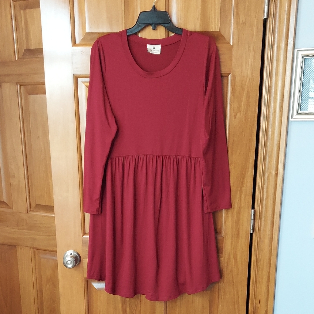 Betsey's Boutique Shop Long Sleeve Gathered Waist XL Dress, Burgundy, Like New▪︎